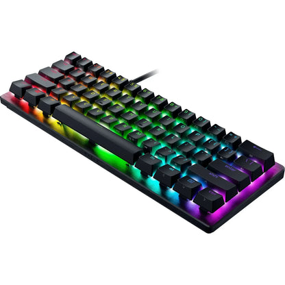 RGB backlit mechanical gaming keyboard with black keycaps, angled on white background
