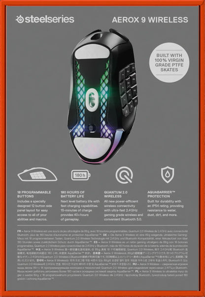 SteelSeries Aerox 9 Wireless gaming mouse with 18 programmable buttons, 180 hours battery, and AquaBarrier protection