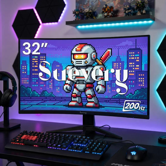32-inch curved gaming monitor displaying pixel art robot, RGB keyboard, and mouse on desk