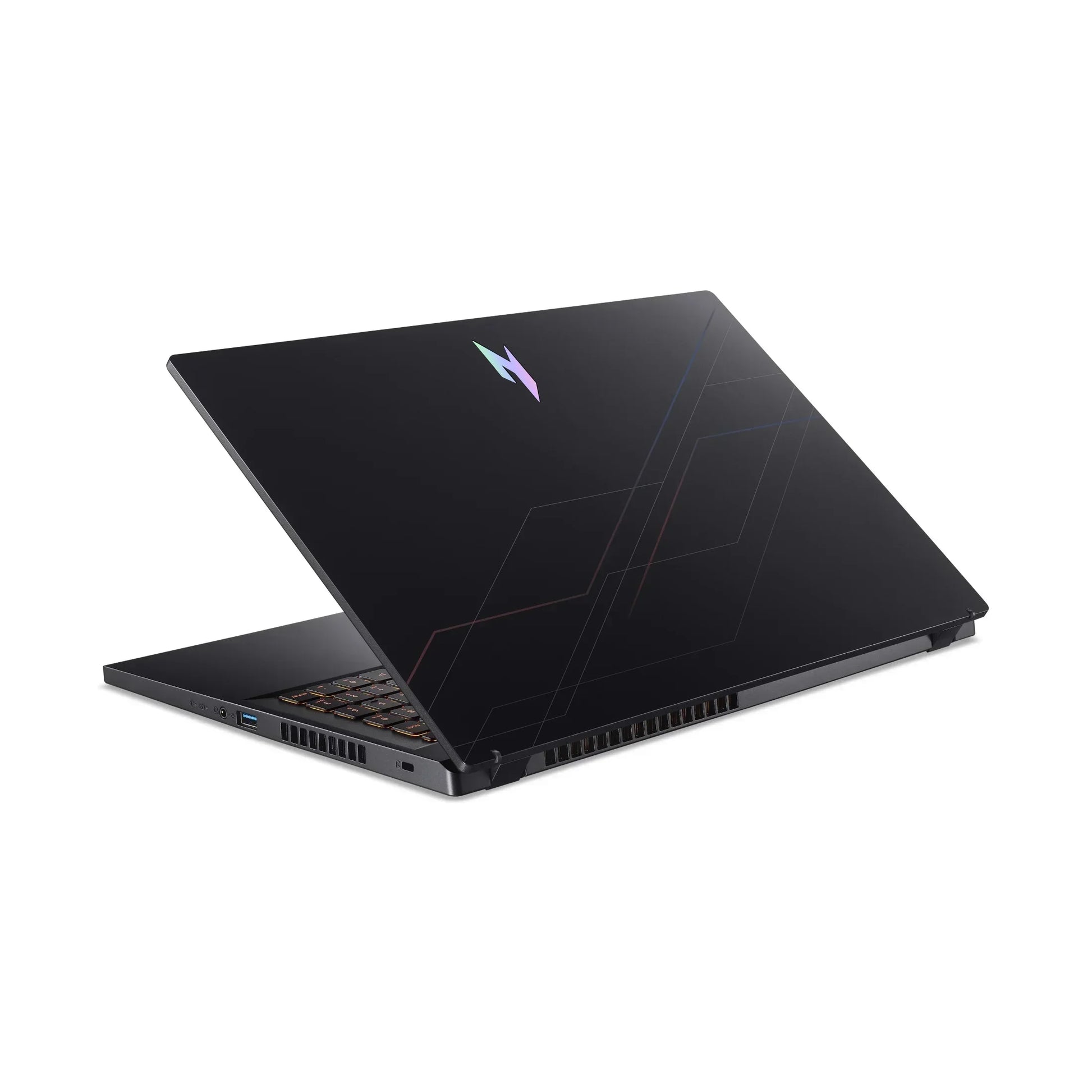 Sleek black gaming laptop with RGB keyboard and geometric pattern on lid