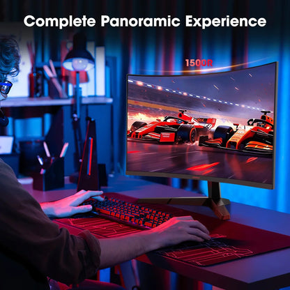 Curved 1500R gaming monitor displaying Formula 1 racing cars with a gamer using keyboard and mouse in a blue-lit room