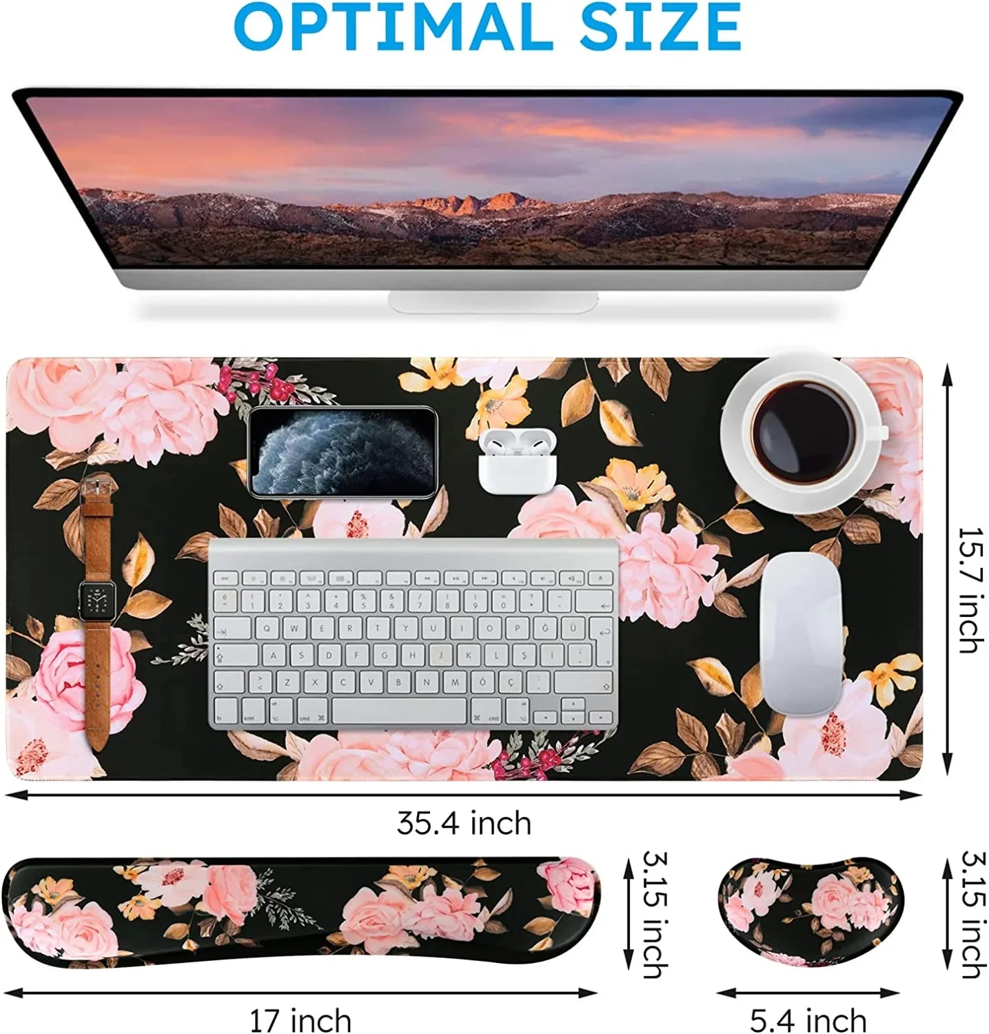 Floral-themed large desk mat with keyboard, mouse, watch, smartphone, earbuds, and coffee cup on black background