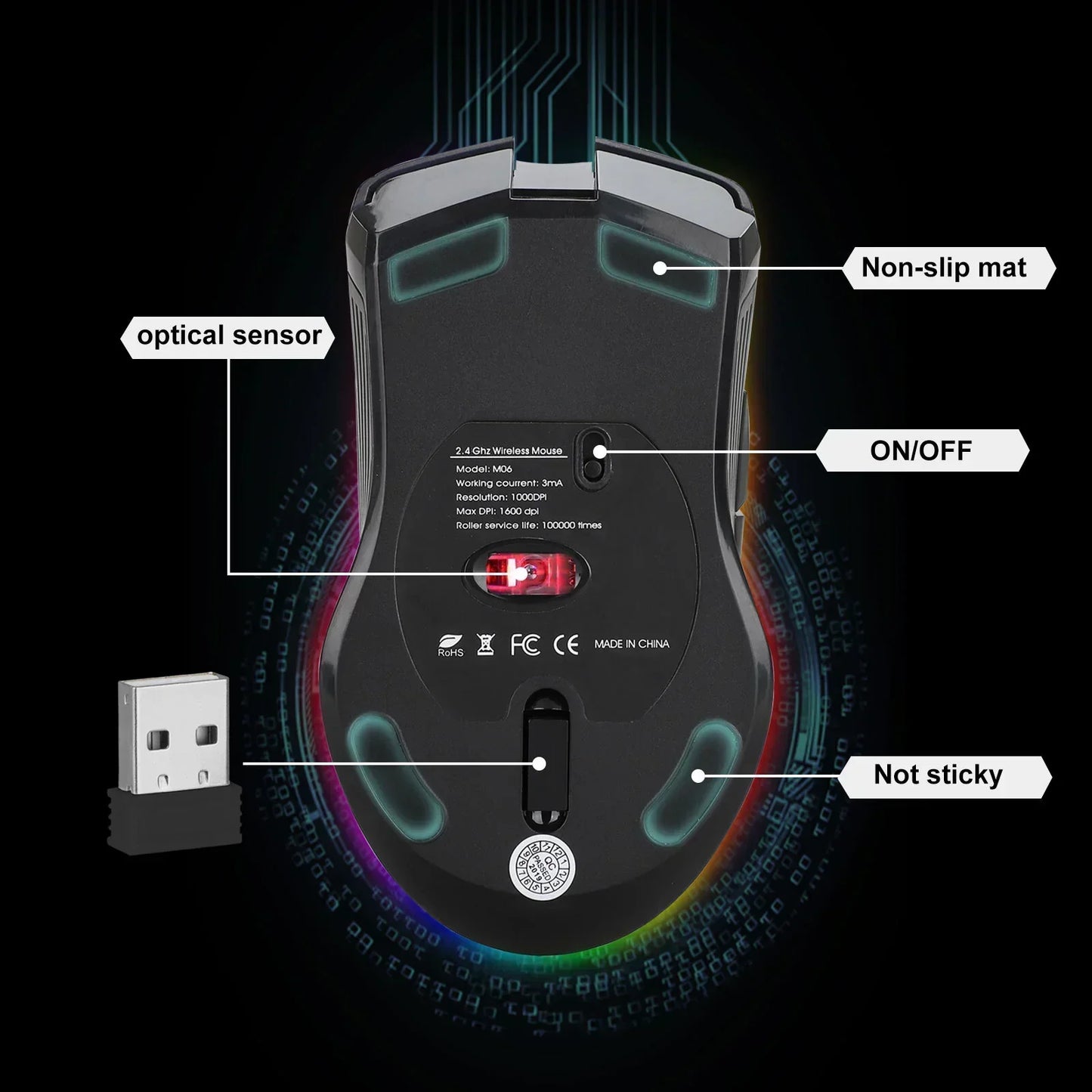 Gaming Mouse Wireless USB Rechargeable 7 Color LED Backlight Optical Mice for PC