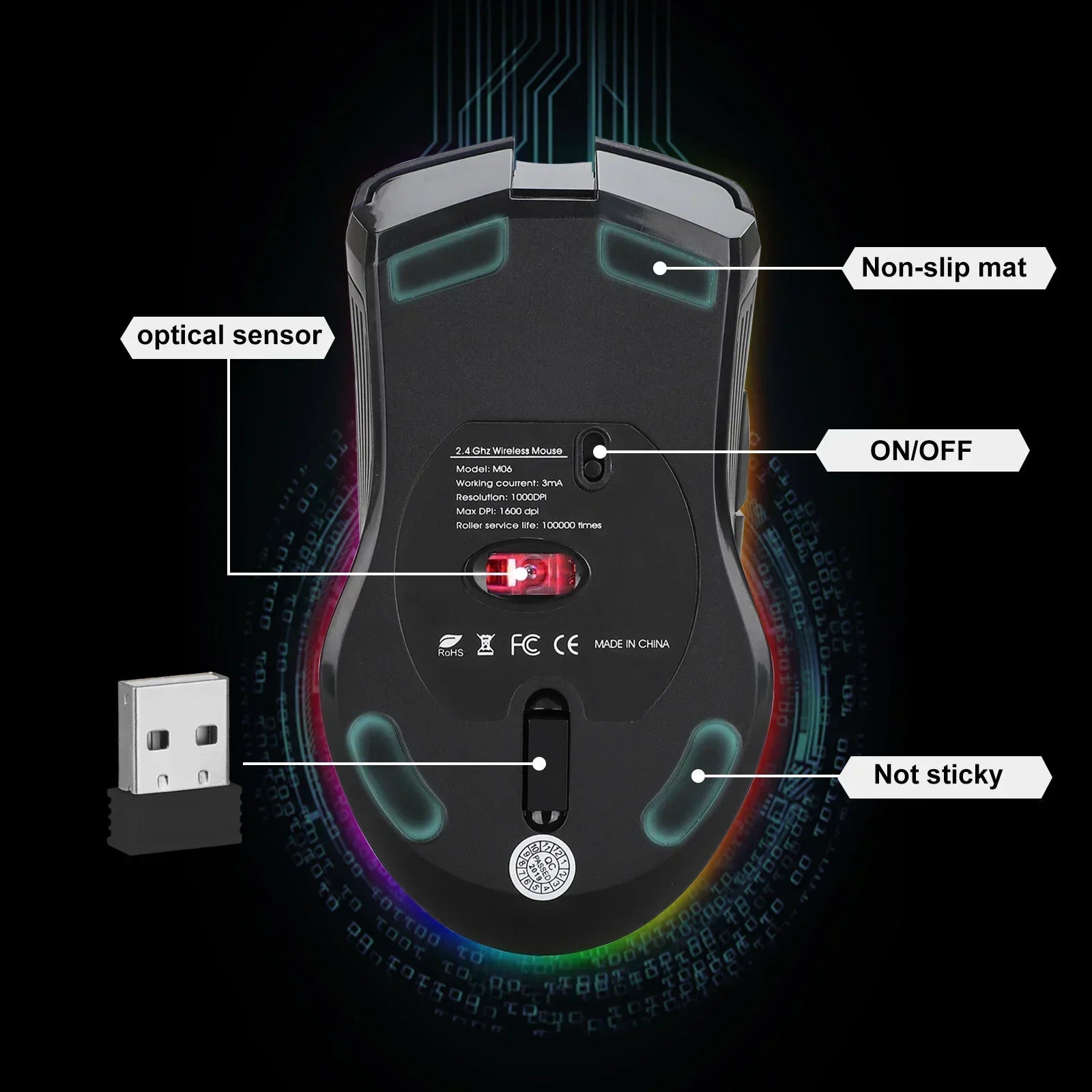 Gaming Mouse Wireless USB Rechargeable 7 Color LED Backlight Optical Mice for PC