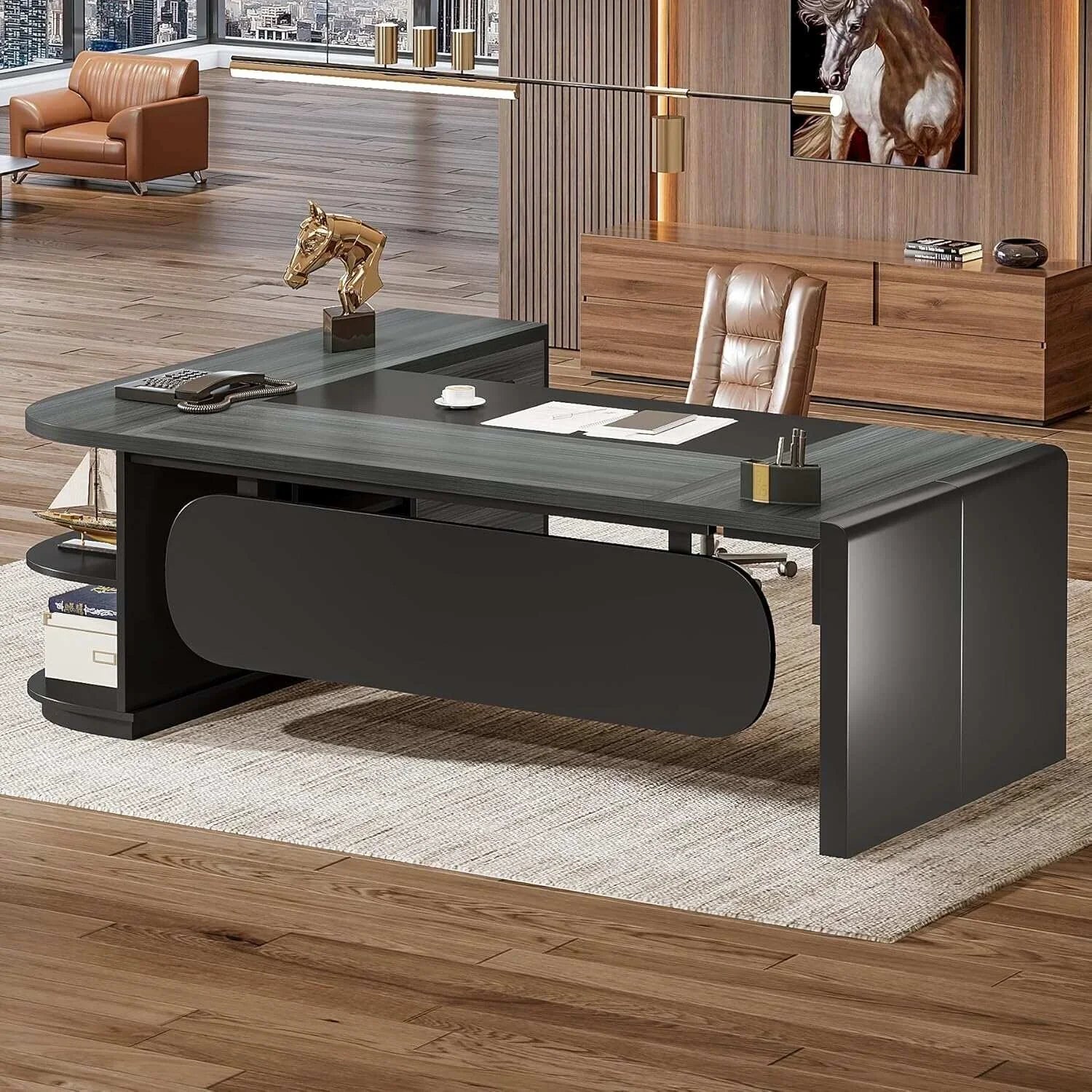 80 Inches Executive Desk, L-Shaped Office Desk with 55 Inches Cabine