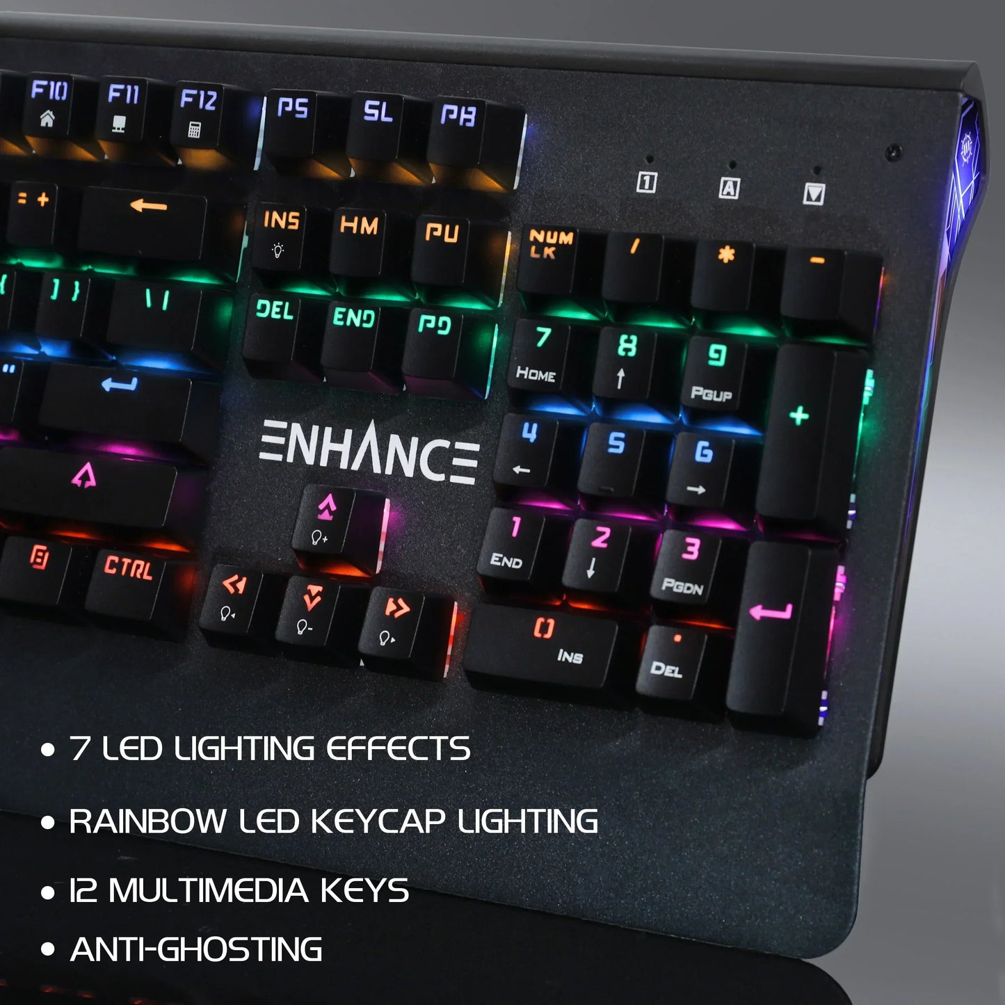 ENHANCE RGB gaming keyboard with rainbow LED lighting and multimedia keys, Byte Style gear