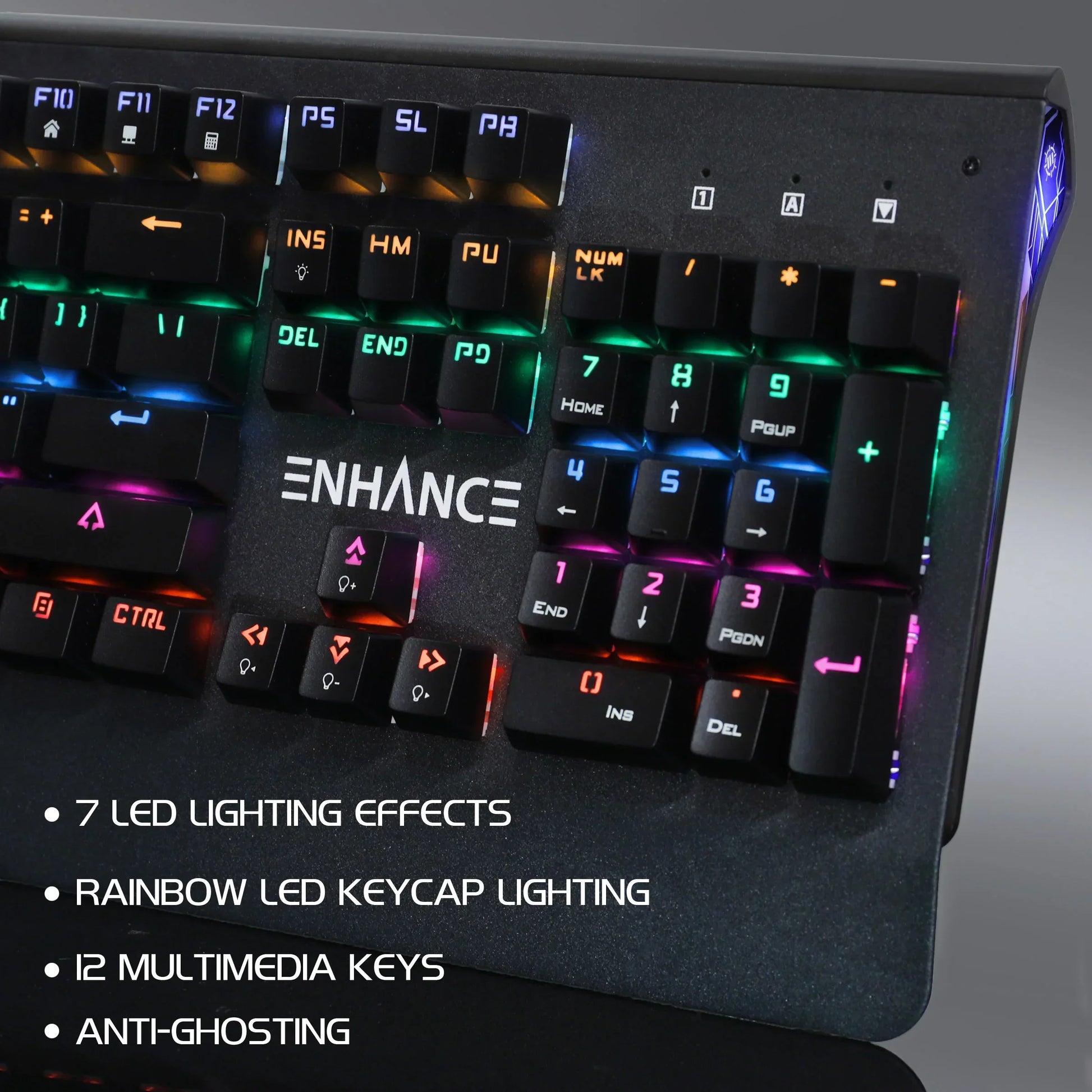 ENHANCE RGB gaming keyboard with rainbow LED lighting and multimedia keys, Byte Style gear
