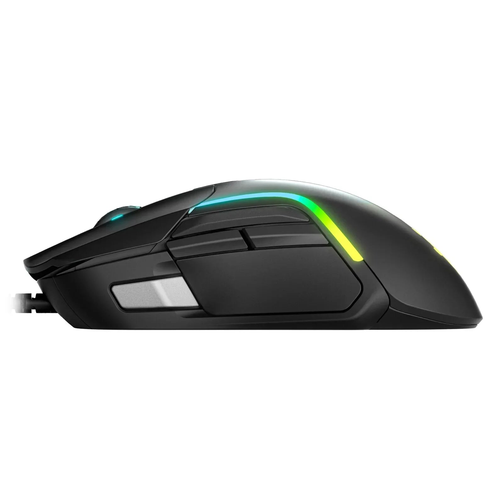 Black wired gaming mouse with RGB lighting accents and multiple programmable buttons, side view