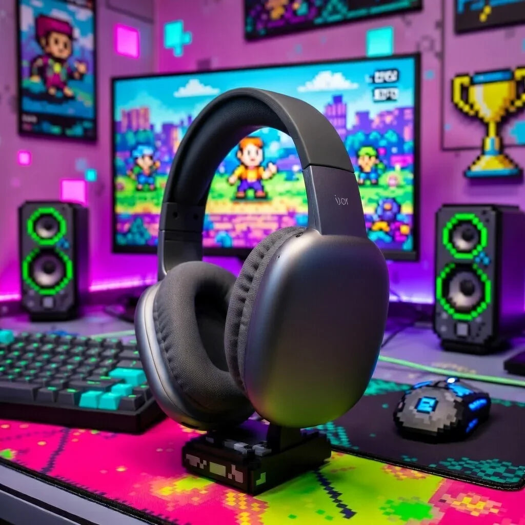 Modern gaming headset on desk with RGB keyboard, pixel art mouse, and retro 8-bit gaming setup