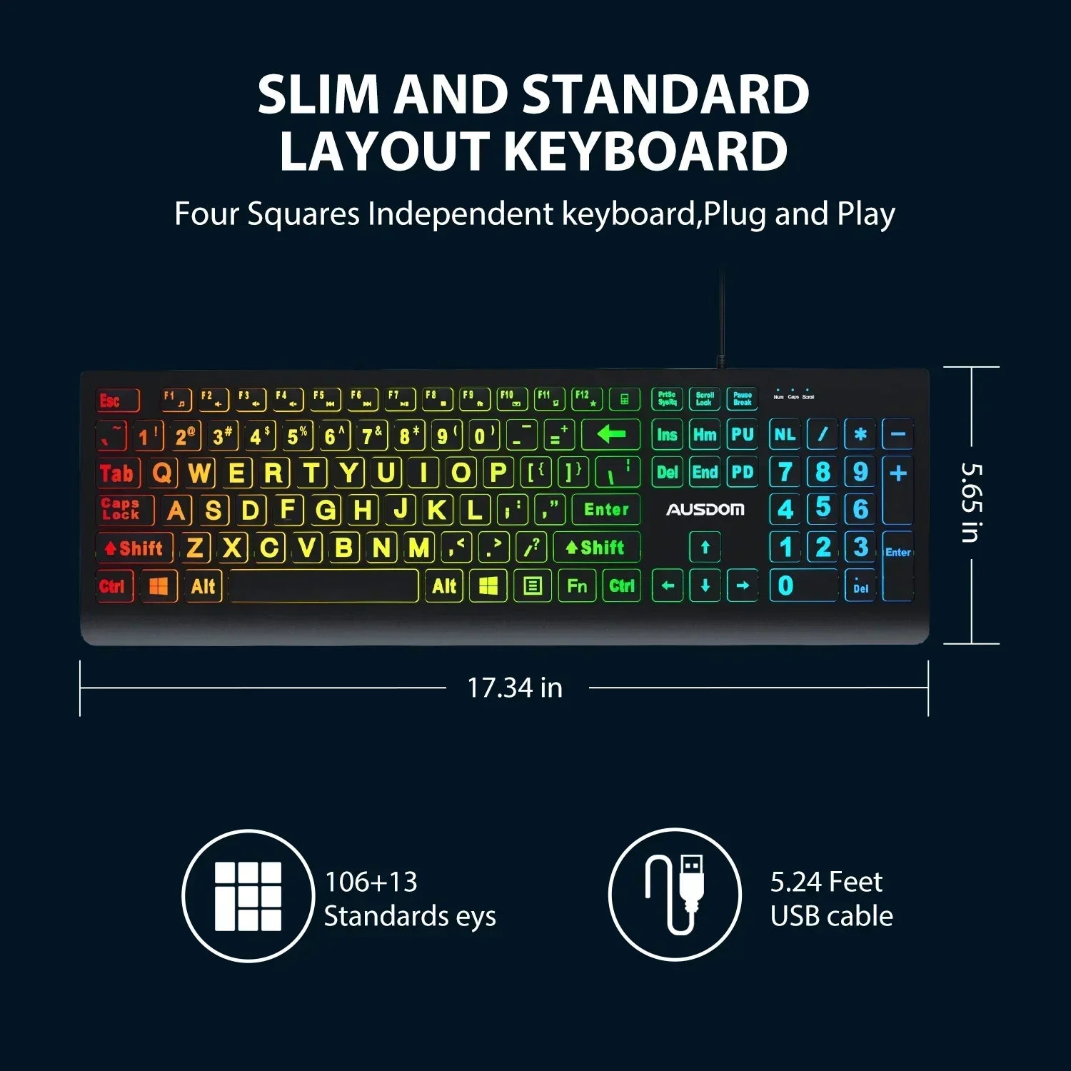 RGB backlit slim gaming keyboard with full standard layout, numeric pad, and USB cable, 17.34 x 5.65 in