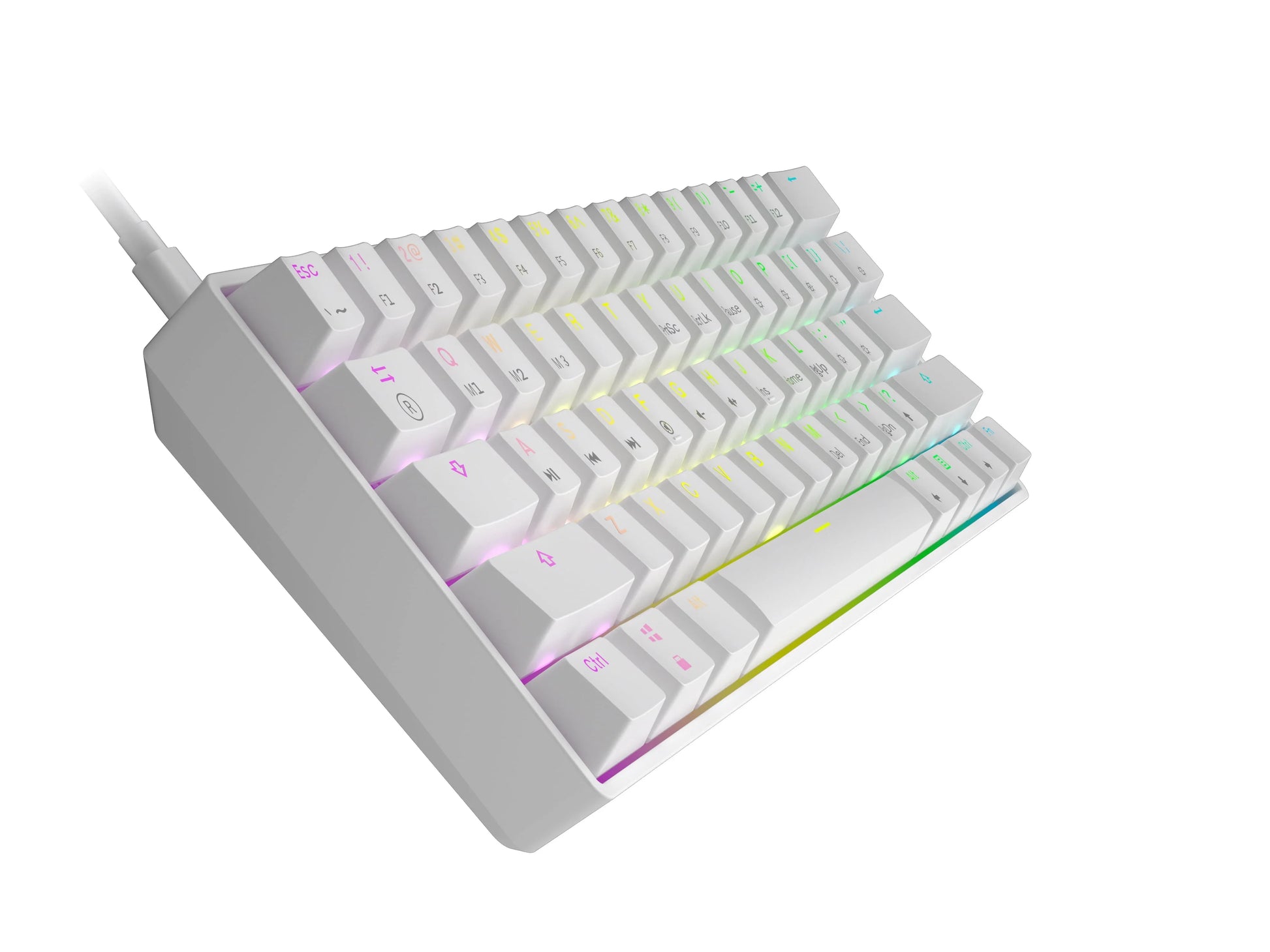 Compact white mechanical keyboard with RGB backlit keys and USB-C cable on white background