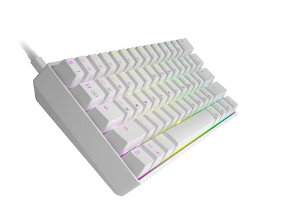 Compact white mechanical keyboard with RGB backlit keys and USB-C cable on white background