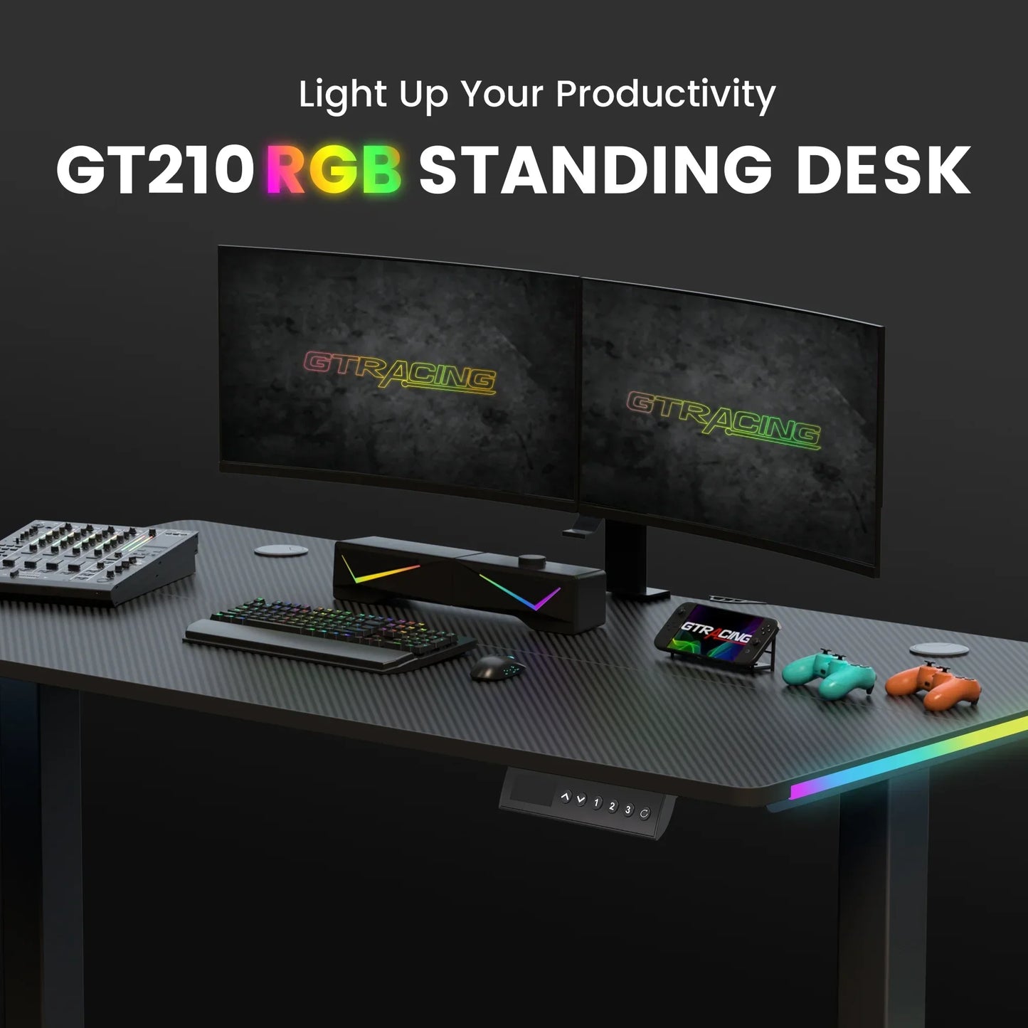 GT210 RGB standing desk with dual curved monitors, RGB keyboard, mouse, game controllers, and audio mixer