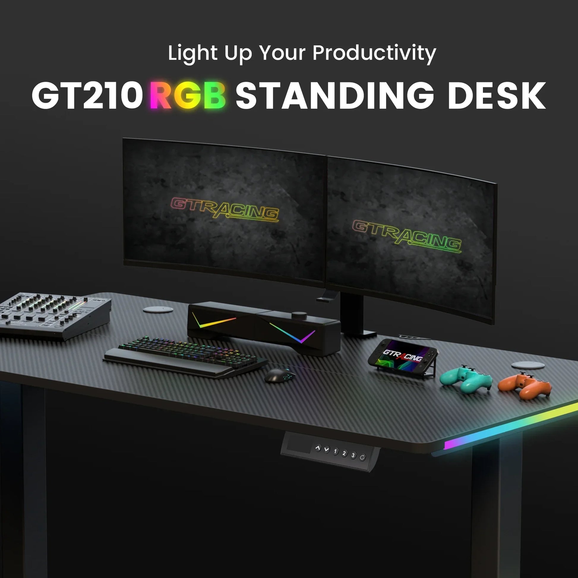 GT210 RGB standing desk with dual curved monitors, RGB keyboard, mouse, game controllers, and audio mixer