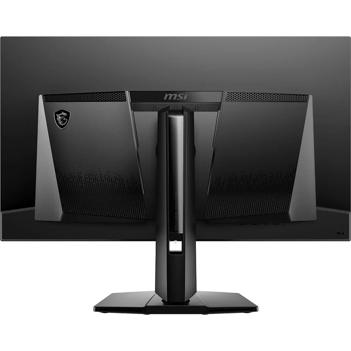 Rear view of MSI gaming monitor with black adjustable stand and ventilation details