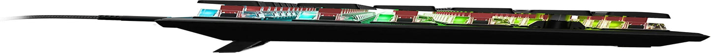 Side view of RGB mechanical gaming keyboard with elevated keys and colorful backlighting