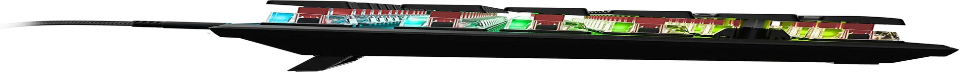 Side view of RGB mechanical gaming keyboard with elevated keys and colorful backlighting