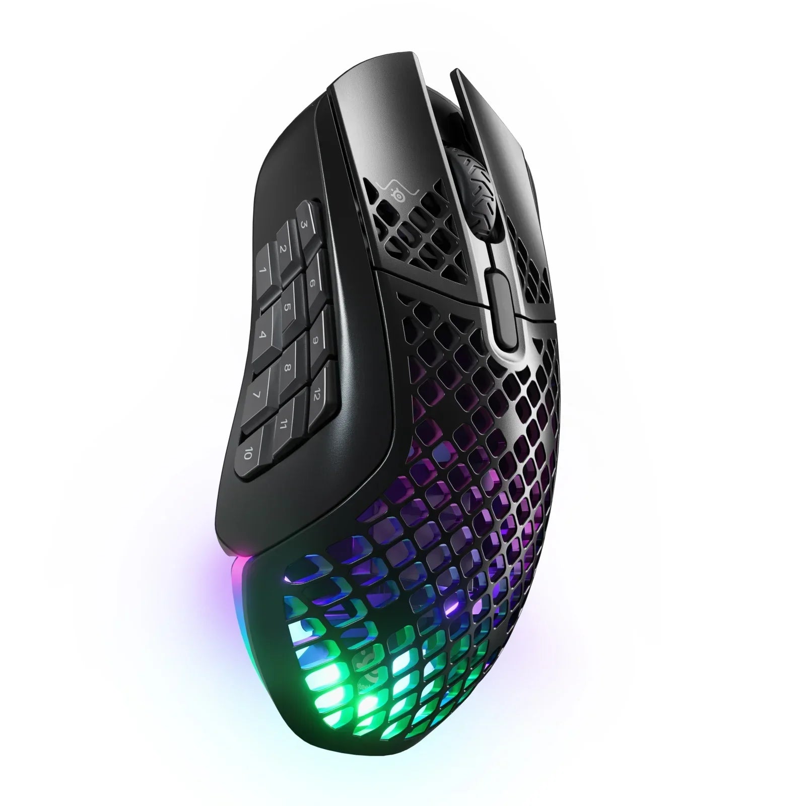 Black gaming mouse with honeycomb shell, 12 side buttons, and RGB lighting