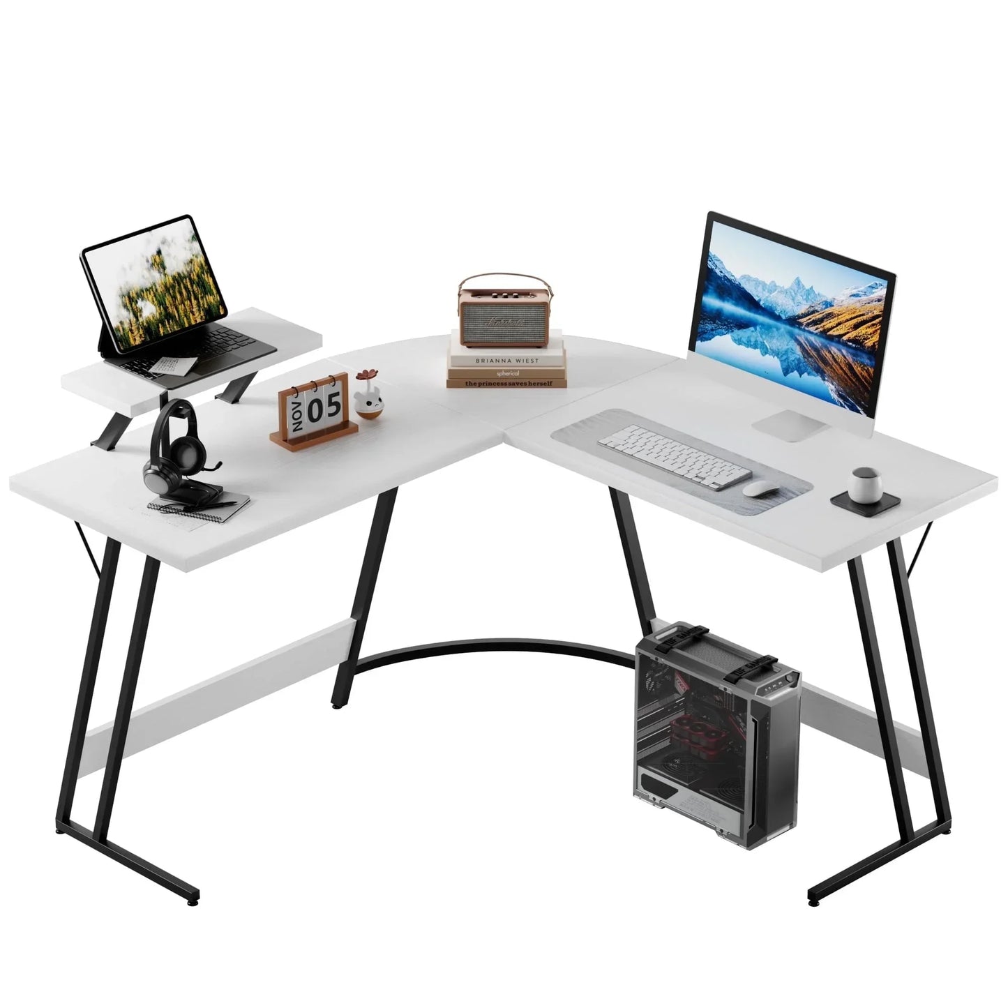 L-Shaped Gaming Desk 51.2 Inches Corner Office Gaming Desk with Removable Monitor Riser, Pink