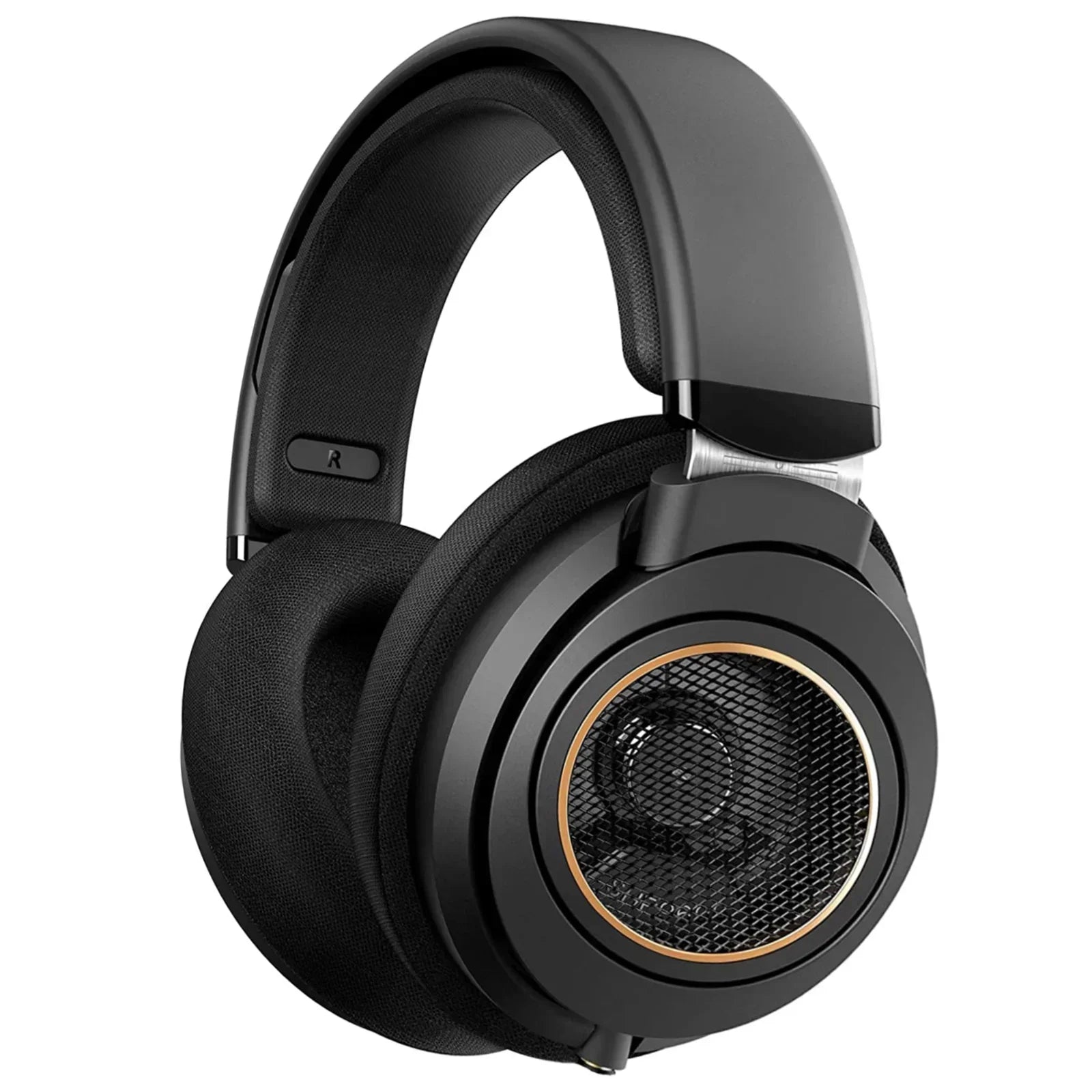 Black over-ear gaming headset with gold accent and mesh ear cups, isolated on white background.