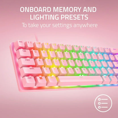 Pink RGB gaming keyboard with onboard memory and lighting presets on pastel background, Byte Style