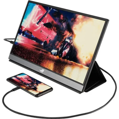 Portable ASUS ROG gaming monitor connected to smartphone displaying action game scene with explosion
