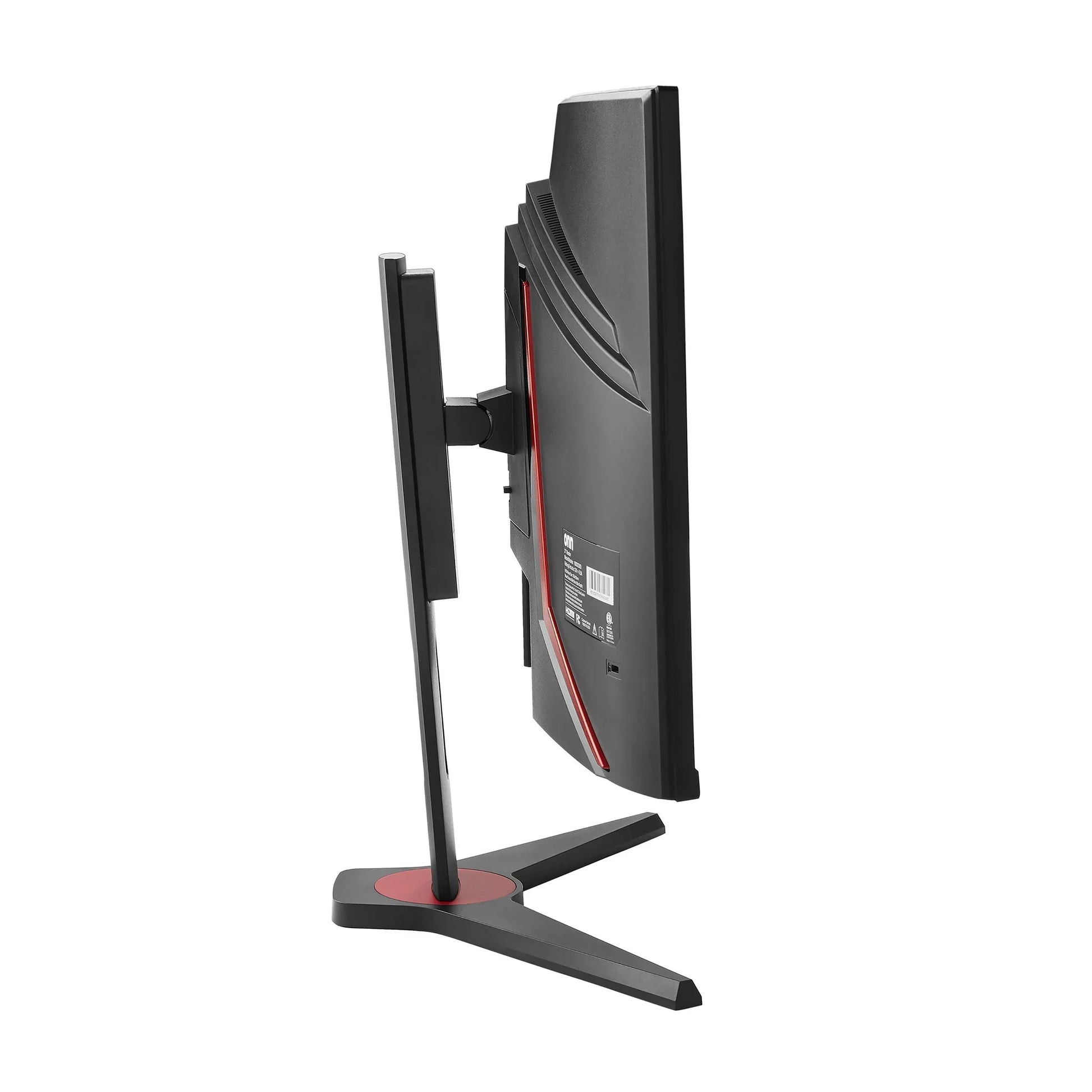 Side view of black and red curved gaming monitor with sturdy stand, highlighting sleek design and ventilation