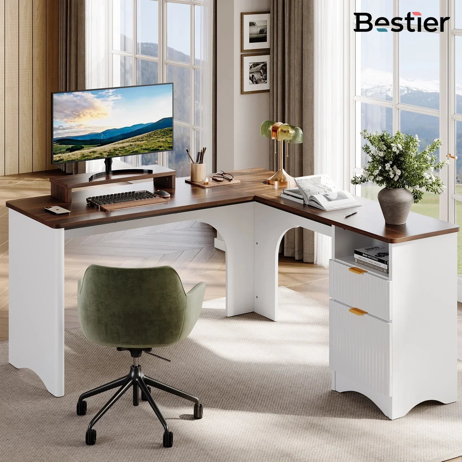 L Shaped Desk with Drawers, 55.7" X 55" Office Computer Desk with round Corners, Monitor Stand & Fluted Panels, White & Walnut