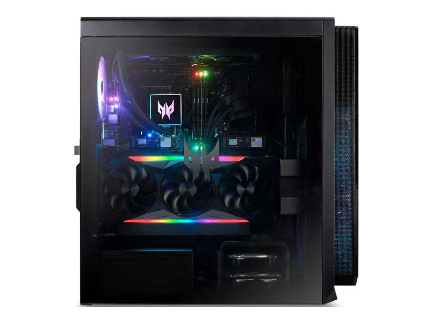 Gaming PC with RGB-lit internal components and triple-fan graphics card inside black case