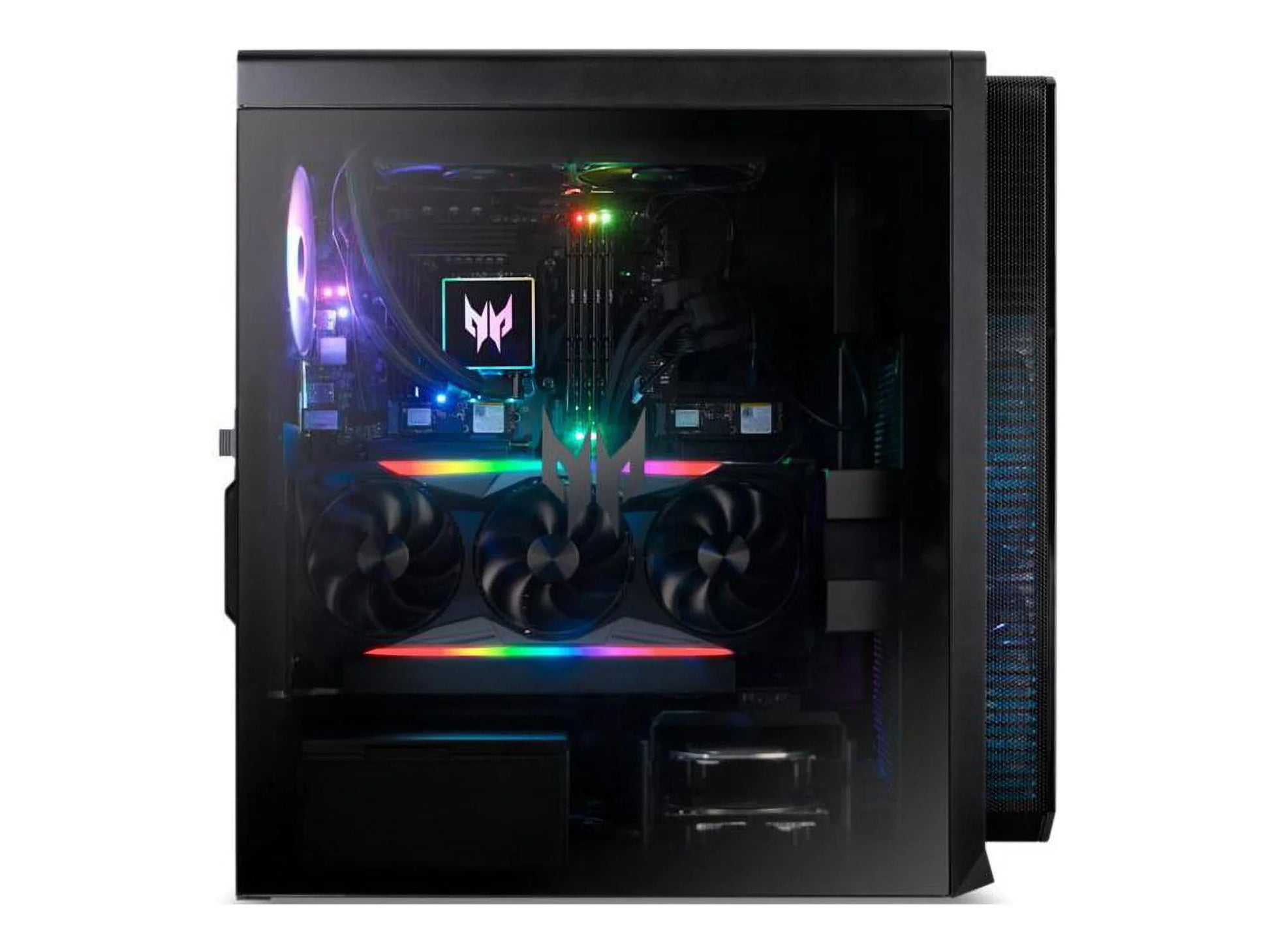 Gaming PC with RGB-lit internal components and triple-fan graphics card inside black case
