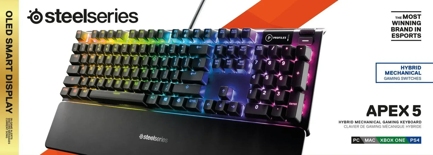 SteelSeries Apex 5 RGB gaming keyboard with wrist rest, OLED display, hybrid mechanical switches