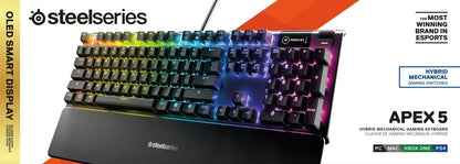 SteelSeries Apex 5 RGB gaming keyboard with wrist rest, OLED display, hybrid mechanical switches