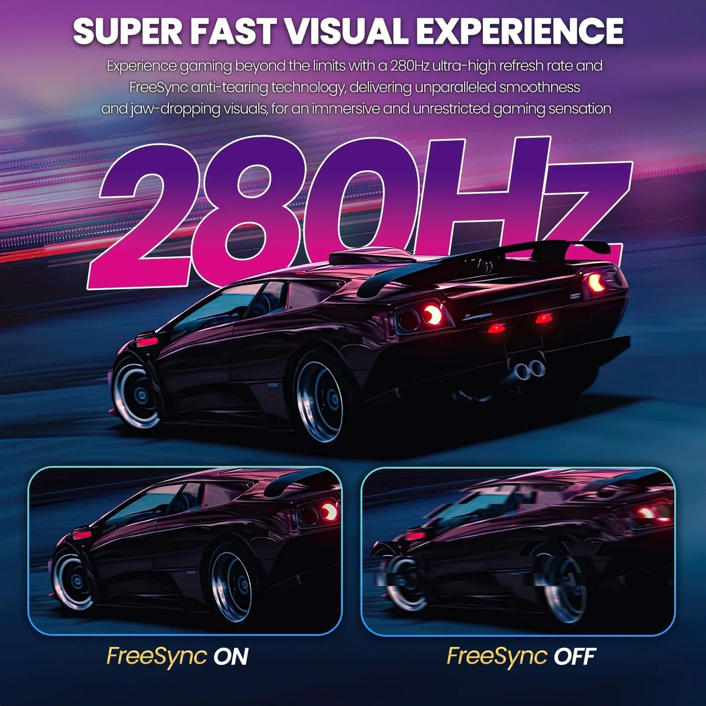 Gaming monitor ad highlighting 280Hz refresh rate and FreeSync technology with sleek black sports car images