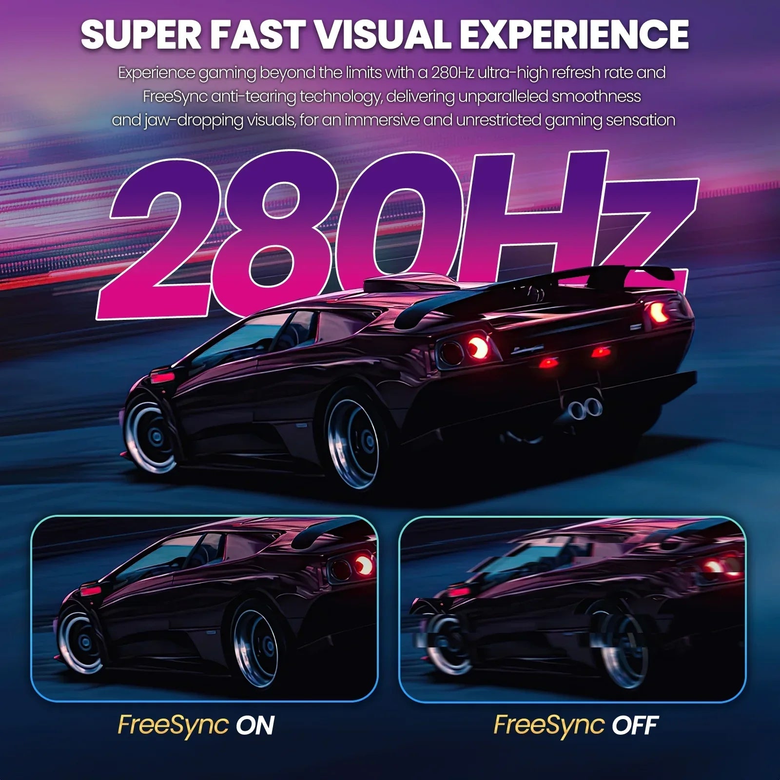 Gaming monitor ad highlighting 280Hz refresh rate and FreeSync technology with sleek black sports car images