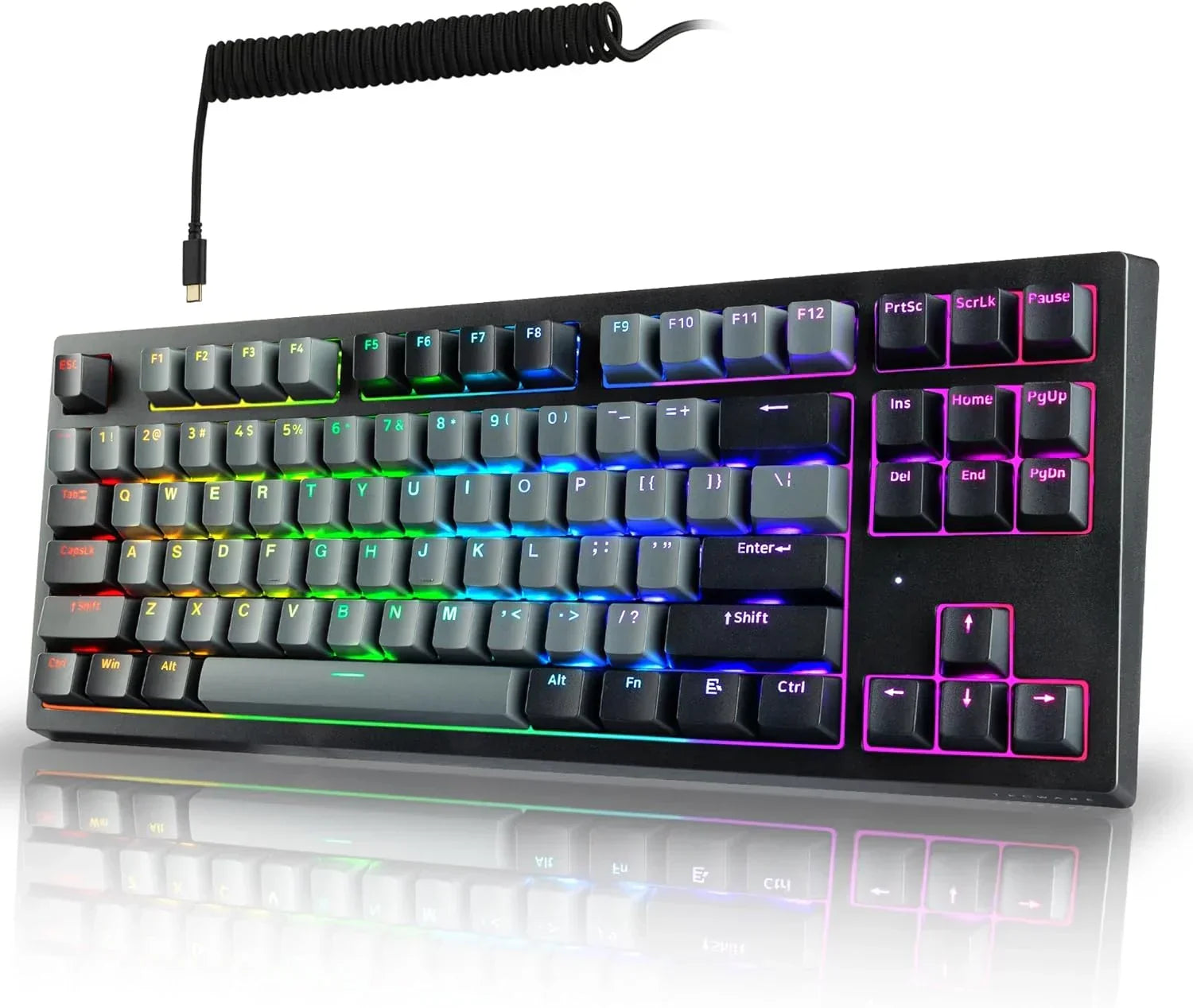 RGB gaming mechanical keyboard with coiled USB-C cable, showcased on Byte Style