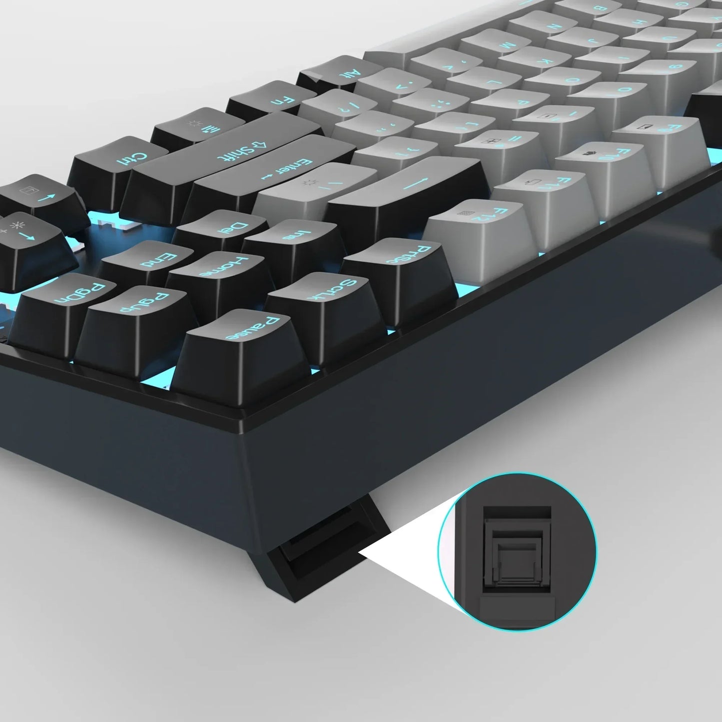 Close-up of RGB mechanical gaming keyboard with adjustable feet, retro 8-bit design by Byte Style.