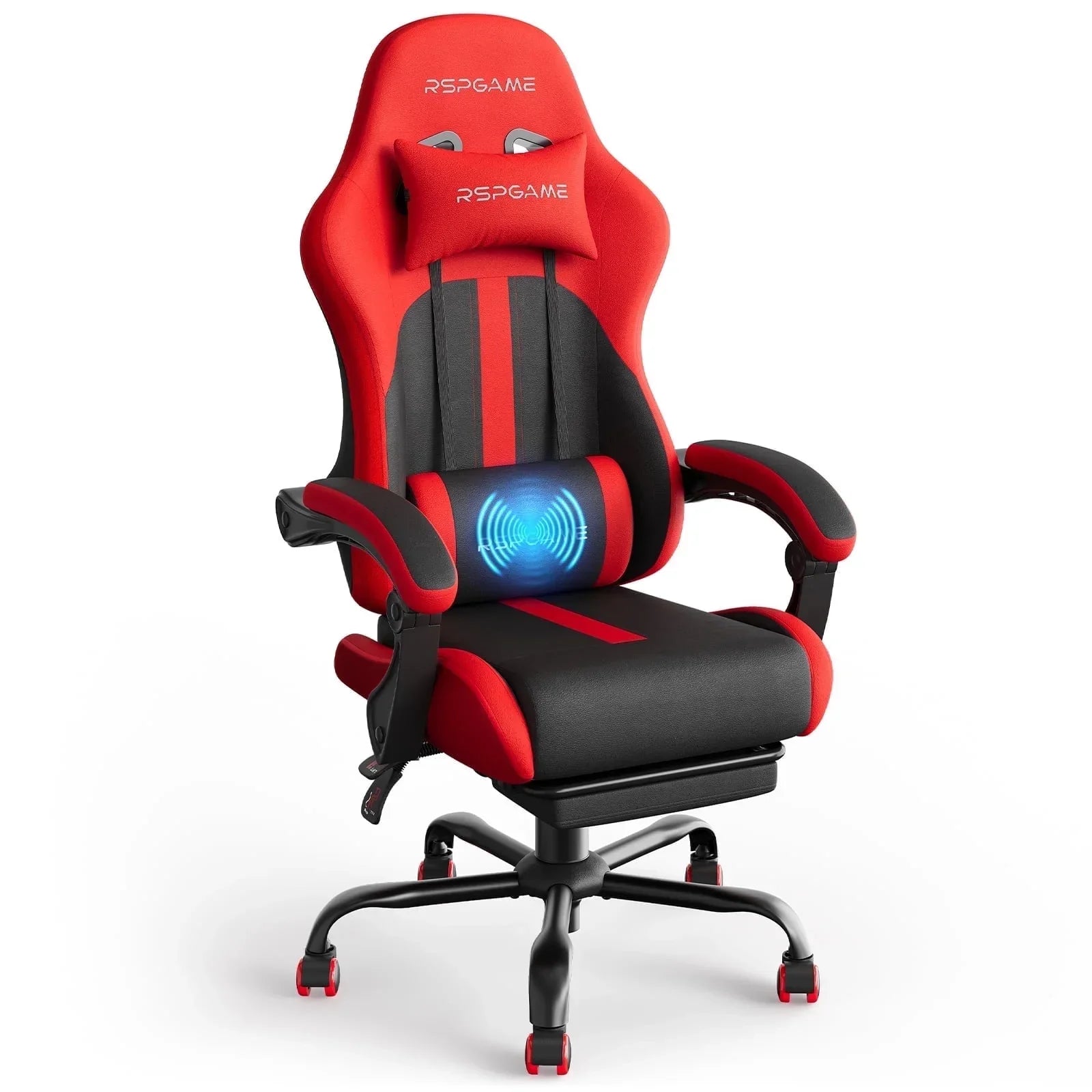Red and black RSPGAME gaming chair with lumbar support, headrest, and glowing massage feature for ergonomic comfort.