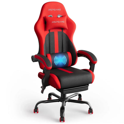 Red and black RSPGAME gaming chair with lumbar support, headrest, and glowing massage feature for ergonomic comfort.