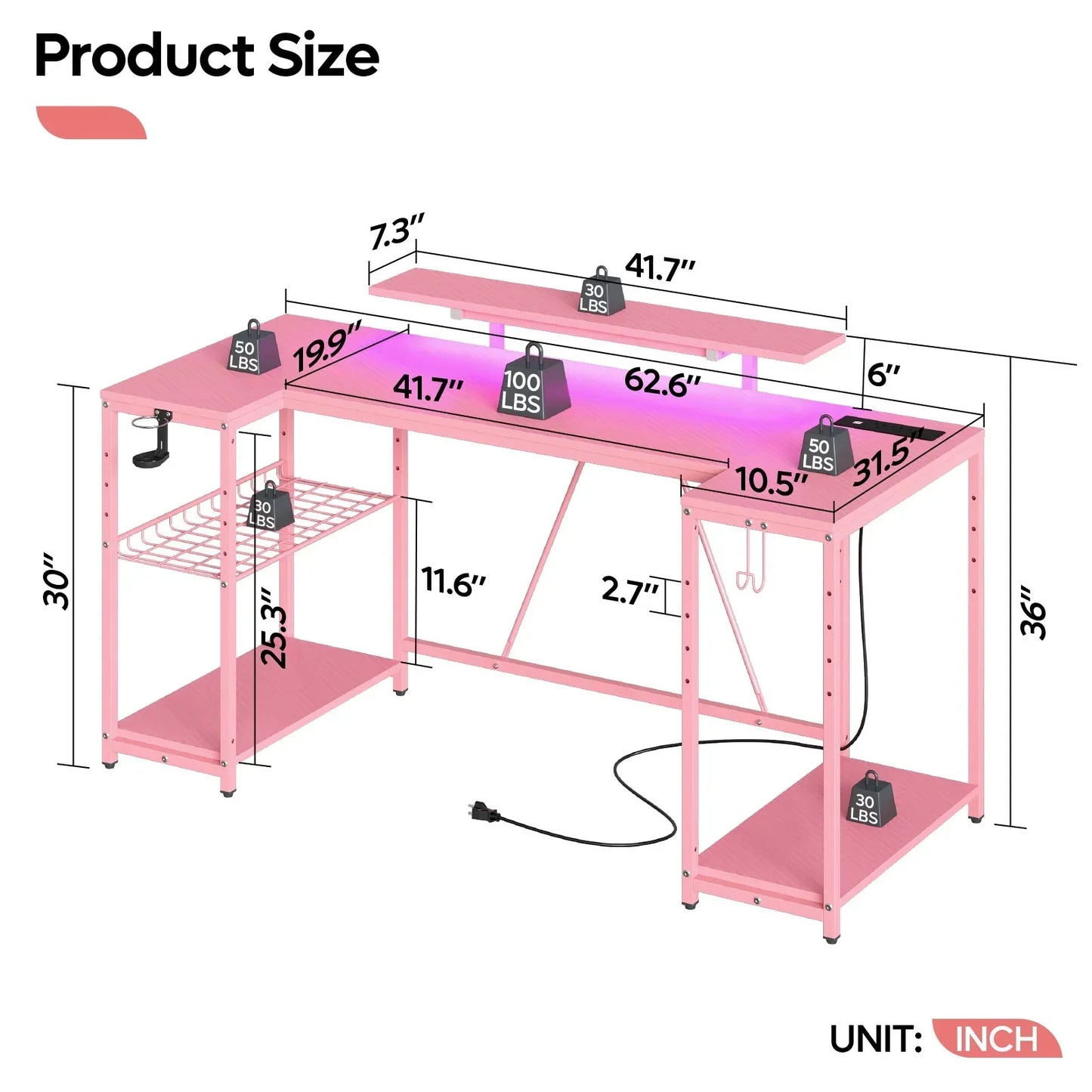 63" Gaming Desk with LED Lights, U-Shaped Computer Desk with Outlets & Monitor Stand, Home Office Desk with Storage Shelves in Pink