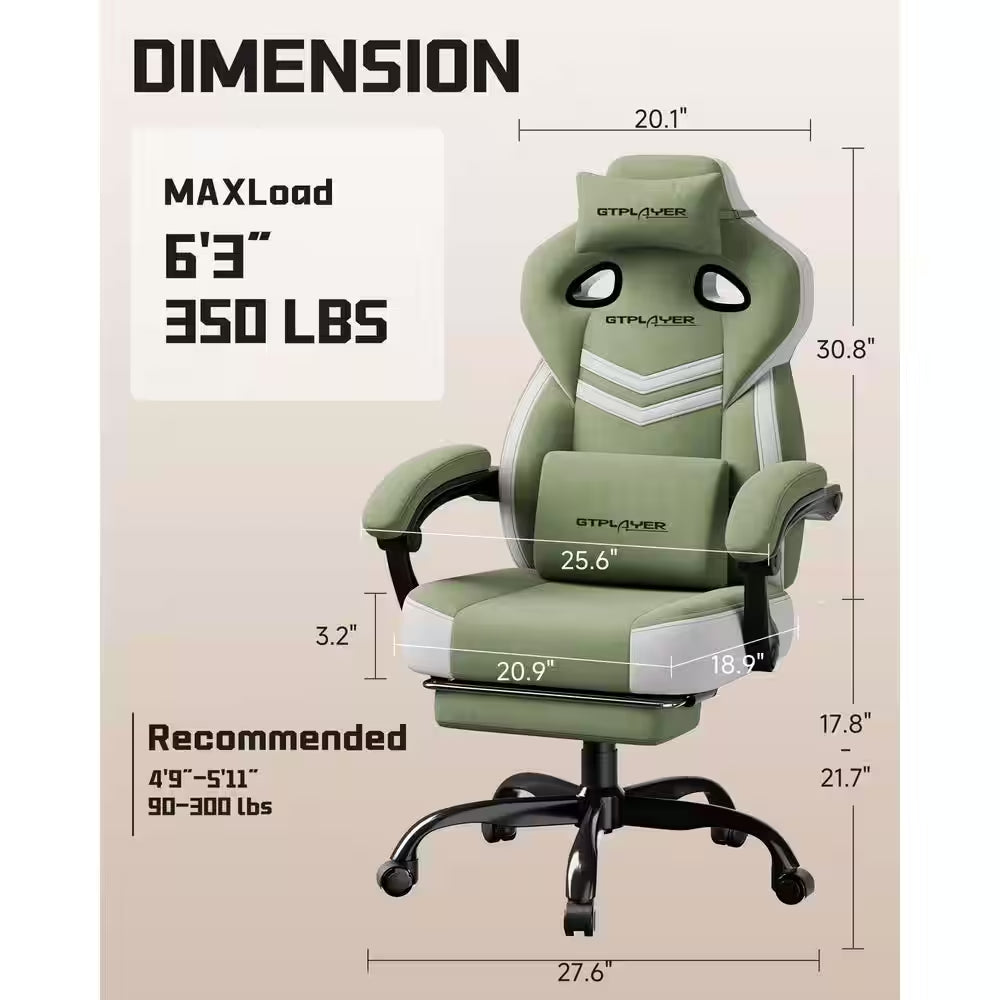 Olive green gaming chair with dimensions, 350 lbs max load, GTPLAYER branding, ergonomic design for gamers