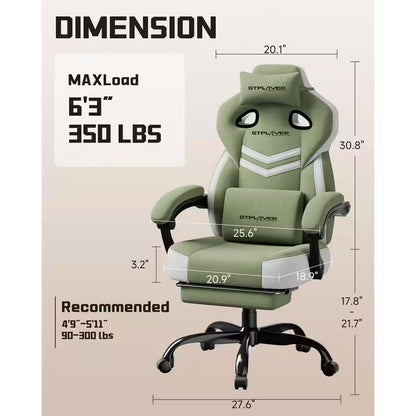 Olive green gaming chair with dimensions, 350 lbs max load, GTPLAYER branding, ergonomic design for gamers
