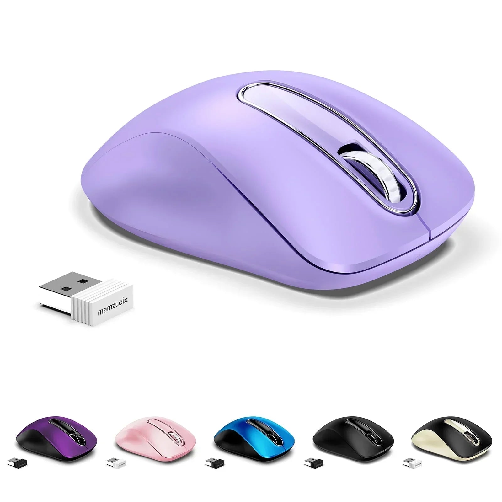 Wireless gaming mouse in purple with USB receiver, shown in multiple colors for PC setup.