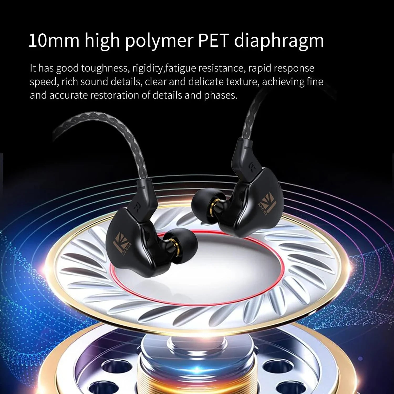 KBEAR KS1 Wired in Ear Headphones, Deep Bass Iem Earbuds Noise Cancelling in Ear Monitors Earphones with 1DD Driver, Ear Hooks Cable for Gaming Computer, Musician Stage, Drummer (Black without Mic)