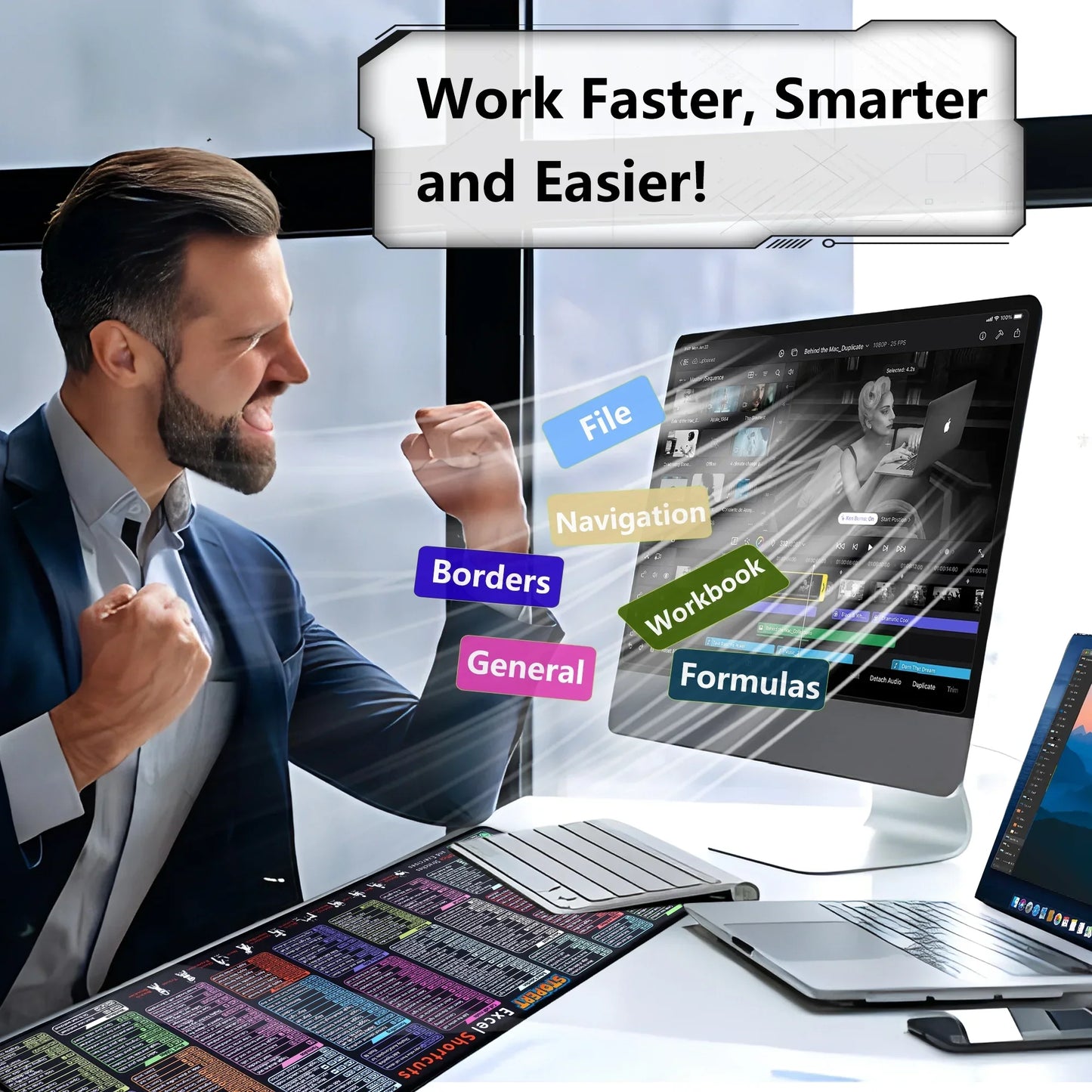 Excited man celebrating productivity boost using desktop and laptop with shortcut keys and workflow tags
