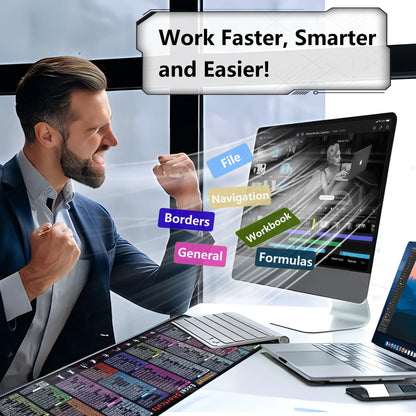 Excited man celebrating productivity boost using desktop and laptop with shortcut keys and workflow tags