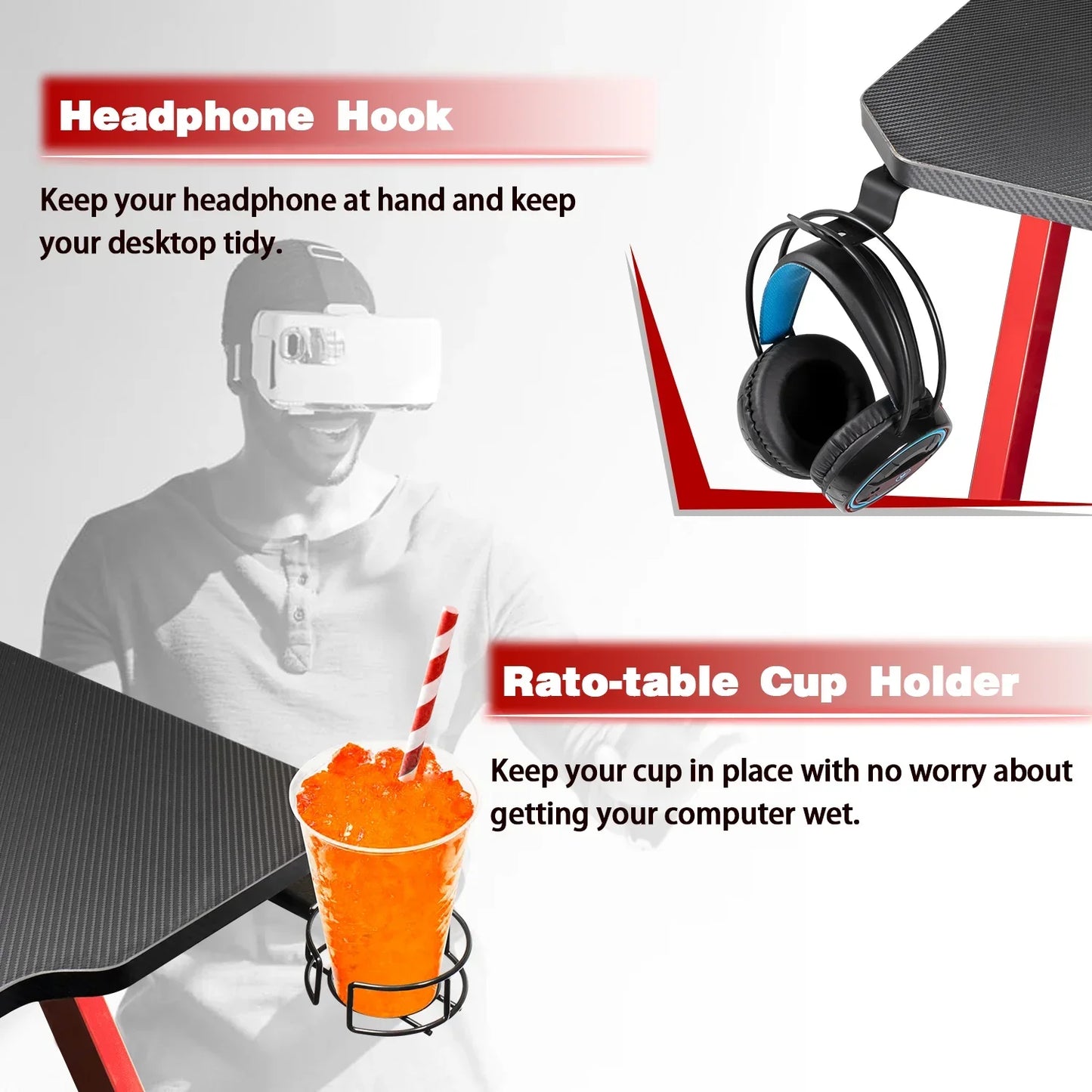 Gaming desk accessories with headphone hook and rotating cup holder for organized desktop