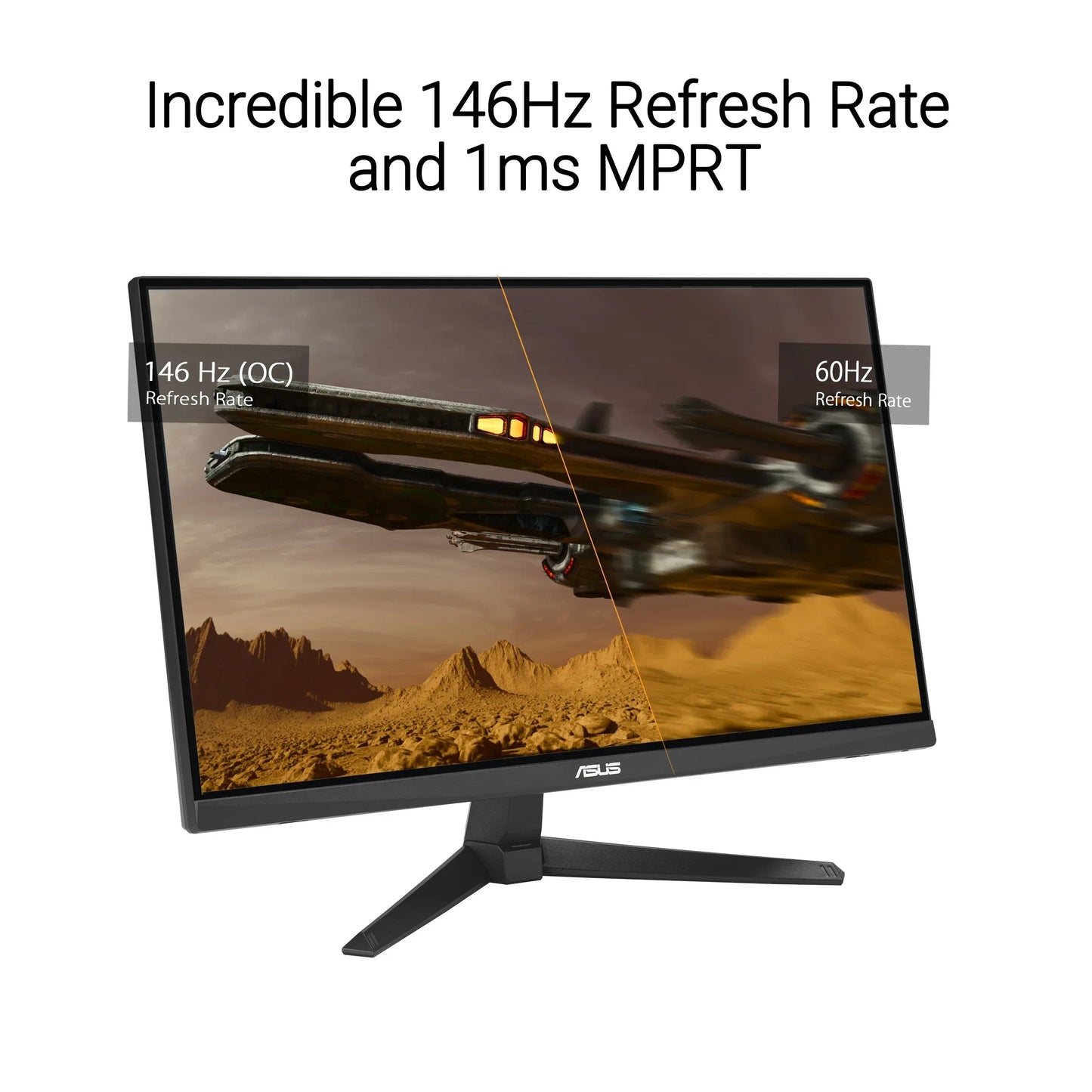 ASUS gaming monitor showcasing 146Hz refresh rate vs 60Hz with spaceship and desert graphics
