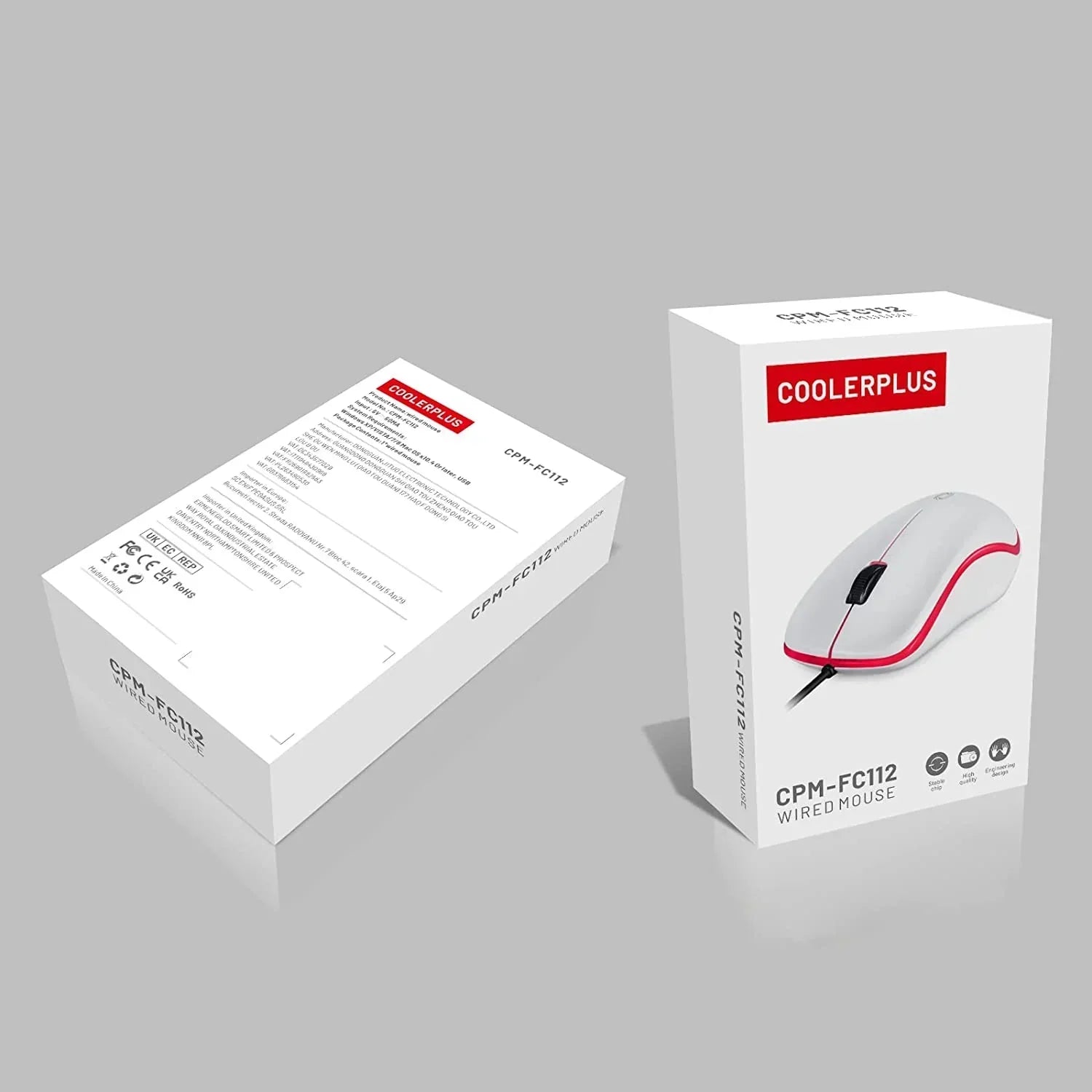 COOLERPLUS CPM-FC112 wired gaming mouse packaging with product image on white box