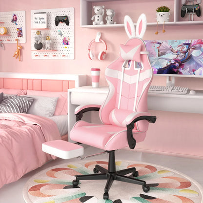 Pink and white gaming chair with bunny ears and footrest in pastel pink gaming bedroom setup