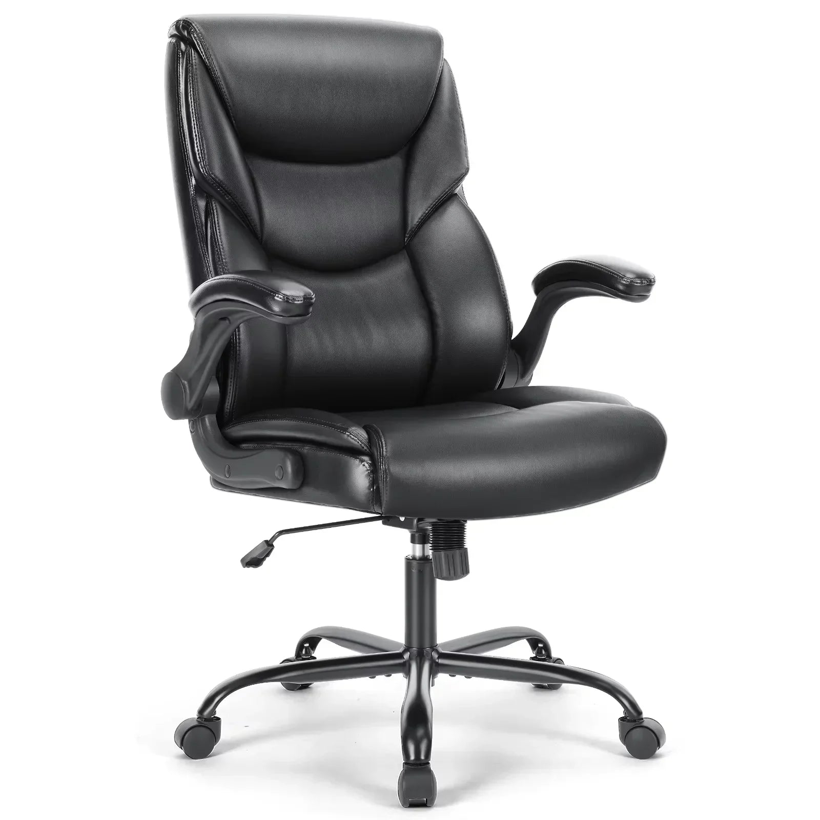 Black leather gaming office chair with adjustable armrests and rolling casters for ergonomic comfort